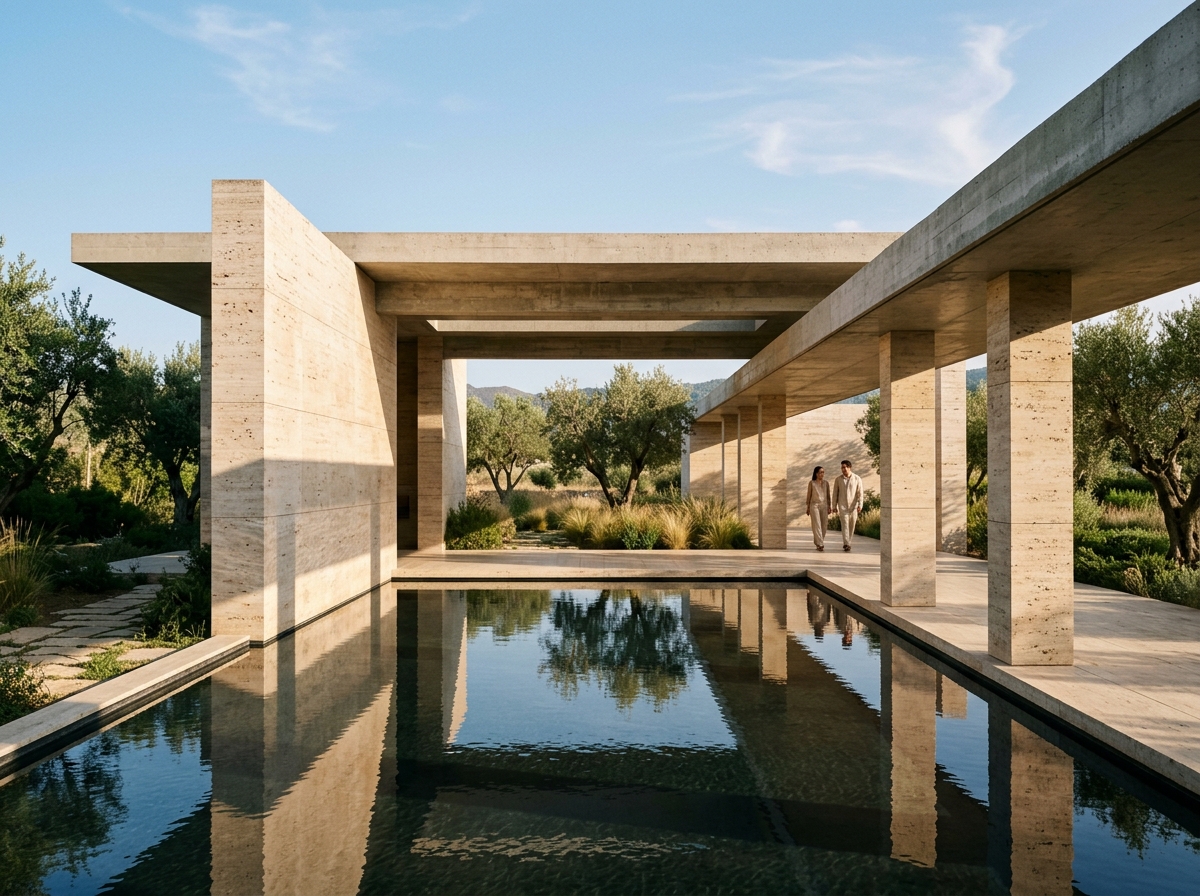 Minimalist travertine architecture with reflecting pool