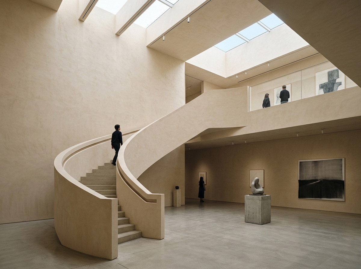 Curved sculptural gallery staircase with soft natural light
