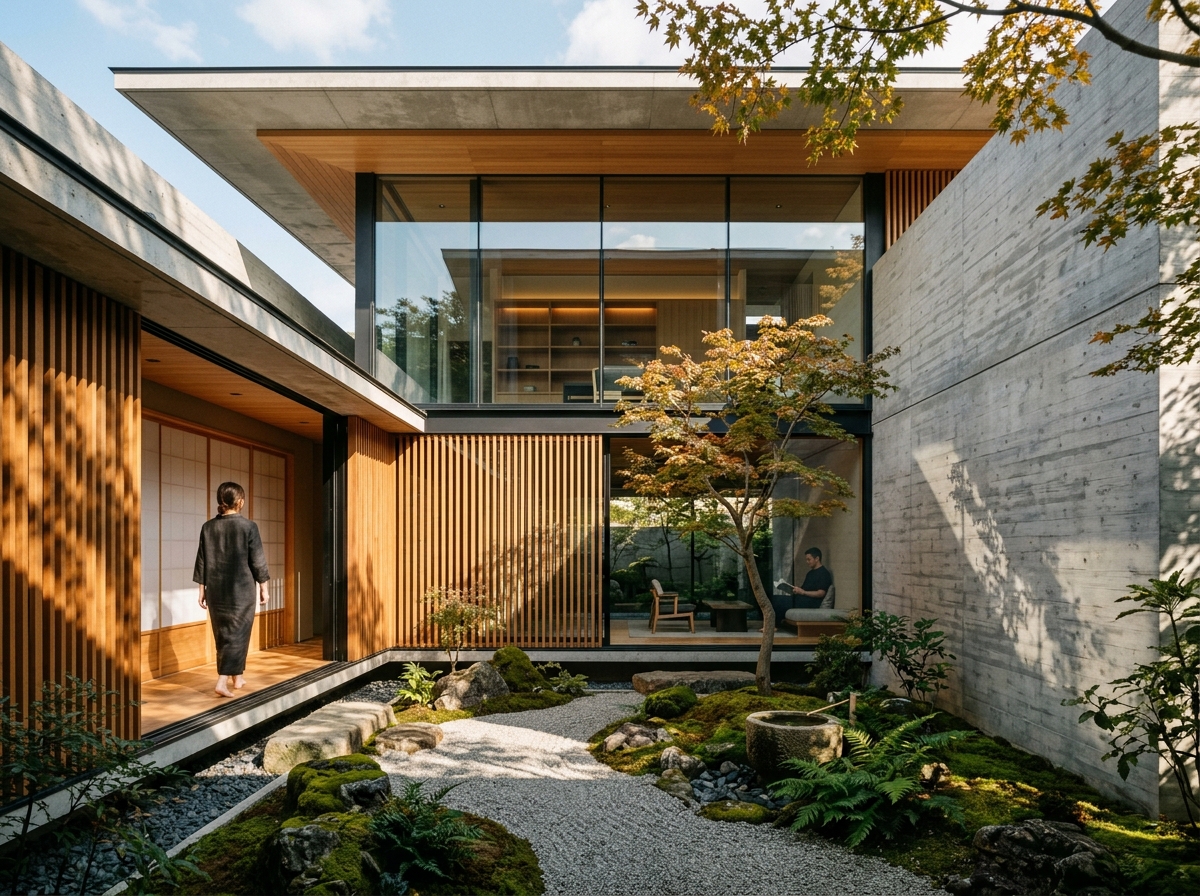 Modern glass and timber pavilion with Japanese garden