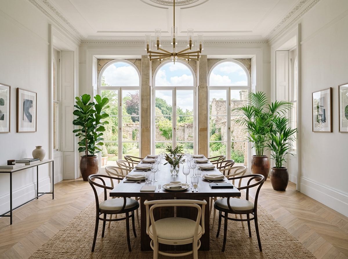 Editorial dining and meeting room with sunlit windows and architectural greenery